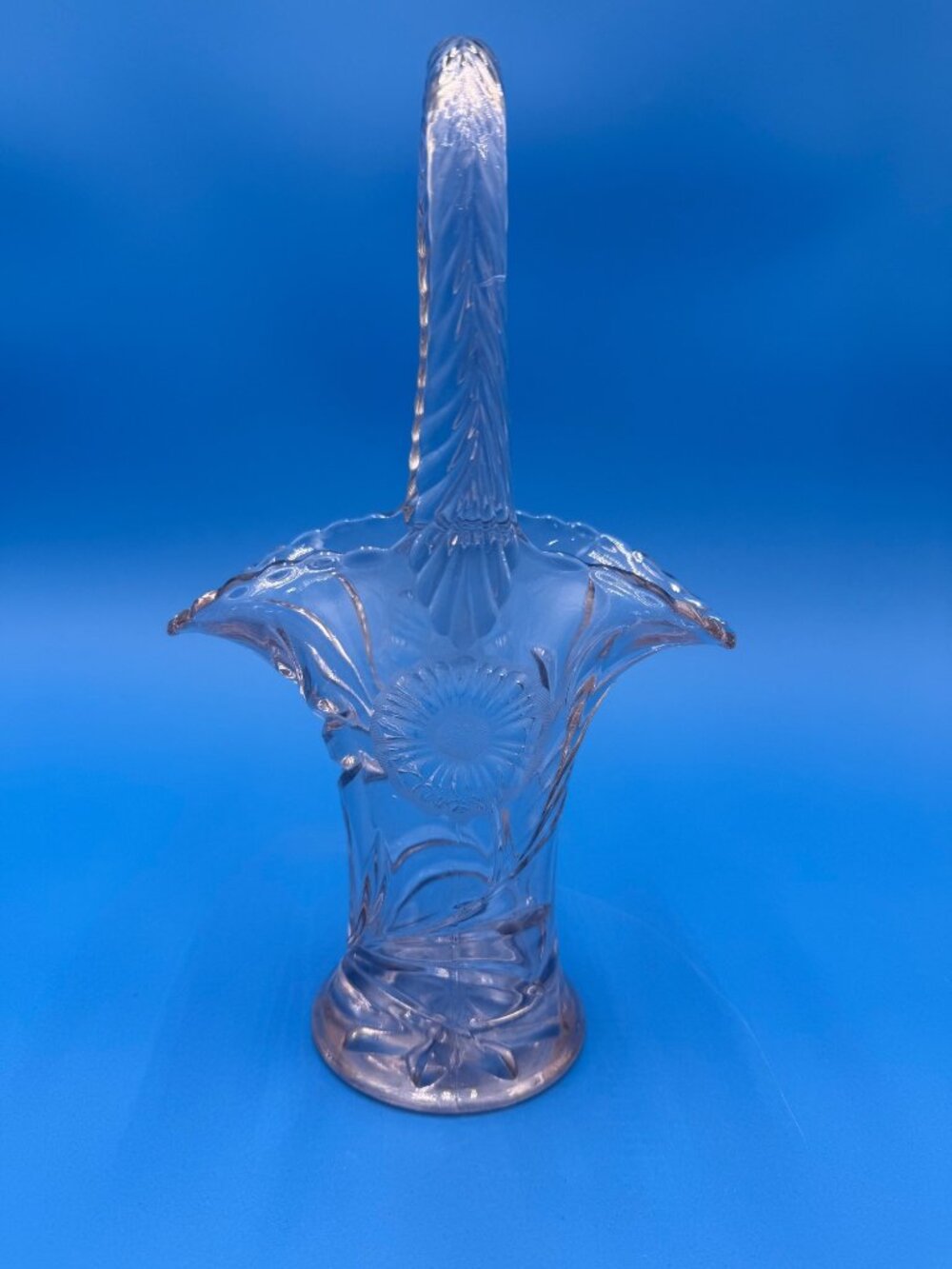 Vintage Clear Glass Basket Etched Floral Design Vase Twisted Handle